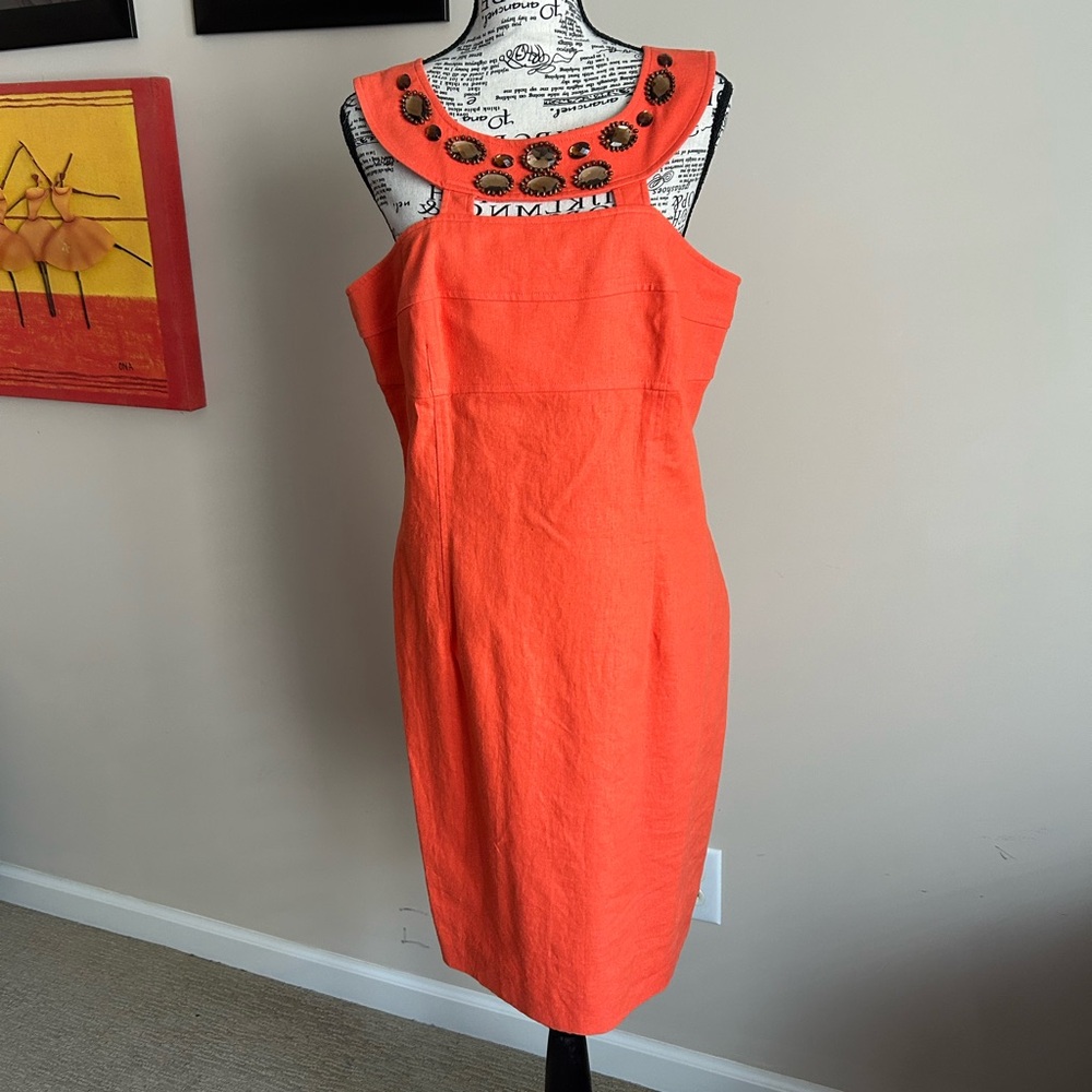 New Directions Linen  Bright Orange Mini Dress with embellished crystals.